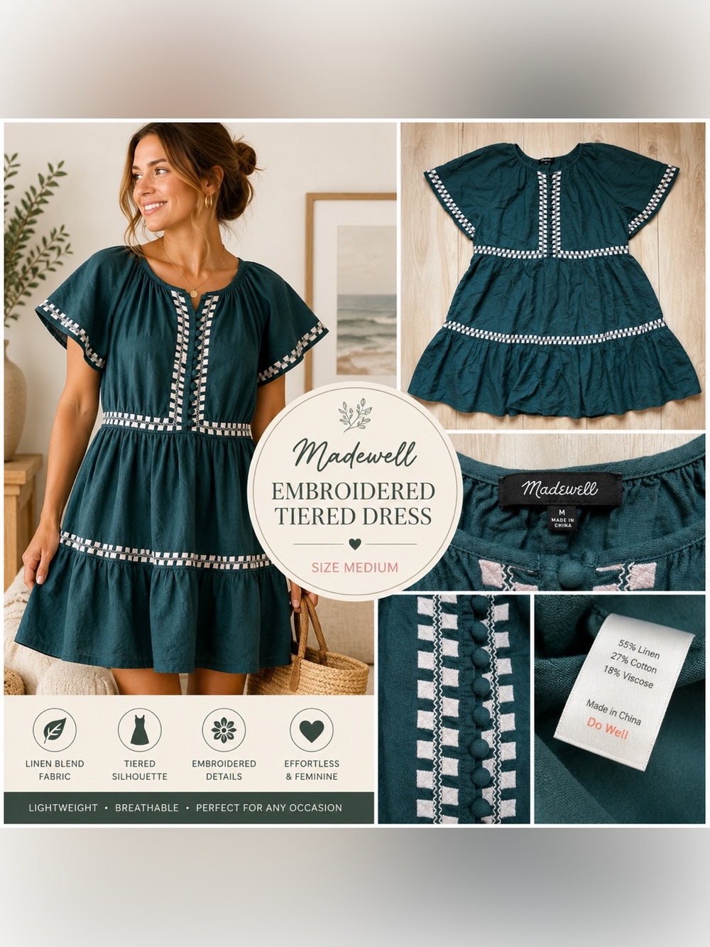 Madewell Linen Blend Embroidered Tiered Mini Dress Medium Green Flutter Sleeve
